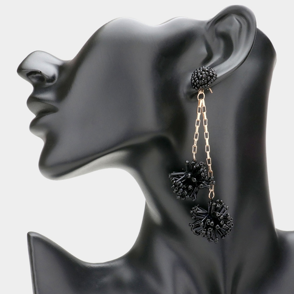 Black Double Beaded Balls Dangle Earrings Jewelry Fashion Accessories